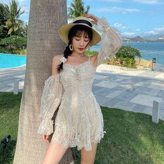 Cold-shoulder Long-sleeve Lace Swim Dress