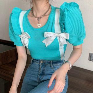 Round-neck Puff Sleeve Knitted Crop Top