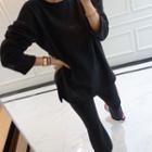 Set: Round-neck Slit-side Top + Band-waist Boot-cut Pants Black - One Size
