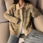 Plaid Collared Cardigan As Shown In Figure - One Size