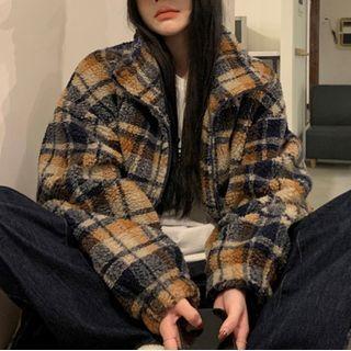 Plaid Zip-up Jacket Plaid - Black & Dark Yellow - One Size