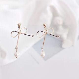 Faux Pearl Bow Dangle Earring 5235 - Bow - Gold - One Size