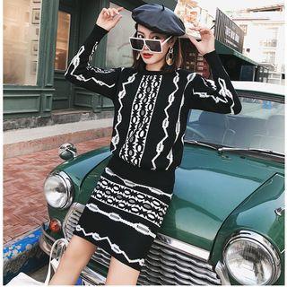 Set: Patterned Sweater + Knitted Skirt As Shown In Figure - One Size