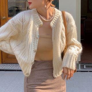 Faux Pearl Button Pointelle Knit Cropped Cardigan Off-white - One Size