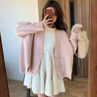 Long-sleeve Mini A-line Knit Dress / Plain Cardigan