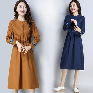 Long-sleeve Butterfly Embroidery A-line Midi Dress
