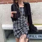 Long-sleeve Lace-up Cropped Shirt / Spaghetti Strap Plaid Drawstring Dress