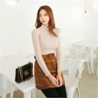 Set: Mock-neck Knit Top + Quilted Mini Skirt With Belt