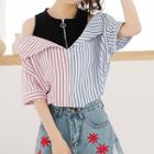 Mock Two-piece Striped Panel Elbow-sleeve Top