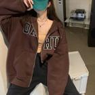 Letter Embroidered Hooded Zip Jacket Brown - One Size