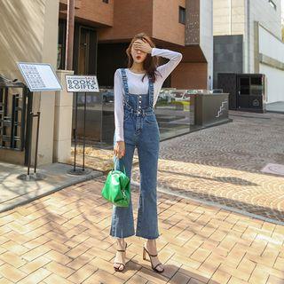 Button-detail Denim Suspender Boot-cut Pants