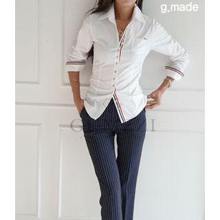 Contrast-trim Metallic-button Slim-fit Shirt