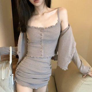 Spaghetti Strap Knit Top / Cardigan / Mini Pencil Skirt