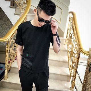 Set: Striped Panel Short-sleeve T-shirt + Cropped Straight-fit Pants