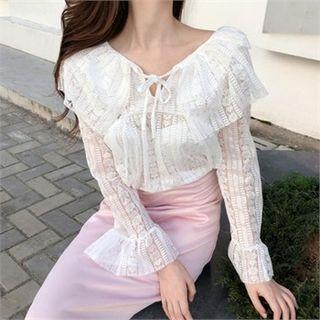 Ruffle-trim Sheer Lace Top Ivory - One Size