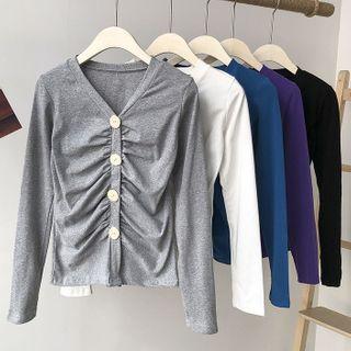 Button V-neck Wrinkled Long-sleeved T-shirt