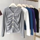 Button V-neck Wrinkled Long-sleeved T-shirt