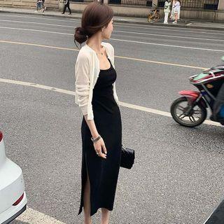 Set: Plain Cardigan + Sleeveless Slit Dress