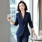 Double-breasted Blazer / Dress Pants / Pencil Skirt / V-neck Blouse / Set