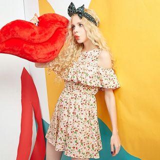 Cutout-shoulder A-line Printed Dress