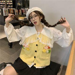 Lace Trim Shirt / Flower Detail Button-up Sweater Vest