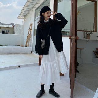 Long-sleeve Pleated Asymmetric Dress / Long-sleeve Slit Sweatshirt