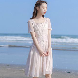 Short-sleeve Buttoned Square-neck Chiffon A-line Dress