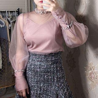 Set: Beaded Mesh Long-sleeve Top + Plain Camisole Top