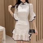 Traditional Chinese Elbow-sleeve Contrast Trim Lace A-line Mini Dress