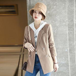 Plaid Double-breasted Blazer / Ribbon Tie-neck Blouse / Set