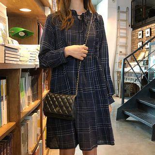 Plaid Long-sleeve A-line Dress Navy Blue - One Size