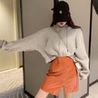 Cropped Hooded Sweatshirt / Faux-leather Asymmetric Mini Skirt
