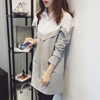 Mock Two-piece Long-sleeve Frill-trim Dress