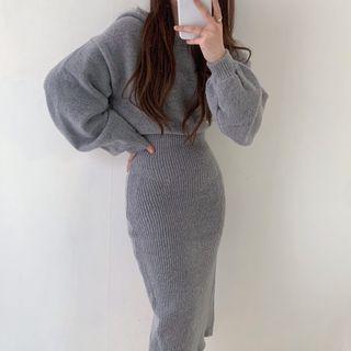 Puff Sleeve Hooded Knit Bodycon Dress