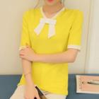 Bow Detail Contrast Trim Short-sleeve Knit Top