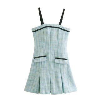 Spaghetti-strap Plaid Pleated Mini A-line Dress
