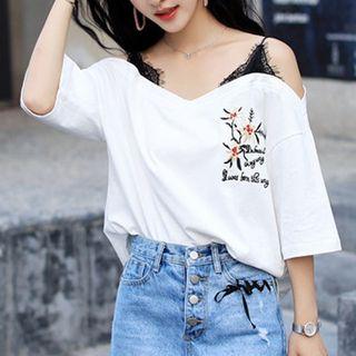 3/4-sleeve Cold Shoulder Embroidered Top