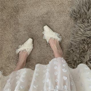 Faux Pearl Frill Trim Square Toe Flat Mules