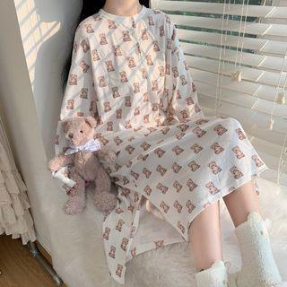 Long-sleeve Bear Print Midi Sleep Dress Coffee & White - One Size