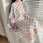 Long-sleeve Bear Print Midi Sleep Dress Coffee & White - One Size