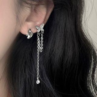 Butterfly Chain Asymmetrical Alloy Earring 2597a - 1 Pair - Ear Studs - Silver - One Size
