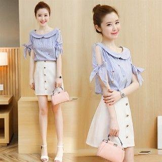 Set: Cutout Shoulder Striped Blouse + A-line Skirt
