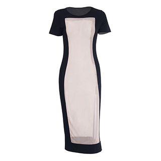 Short-sleeve Mesh Panel Midi Dress