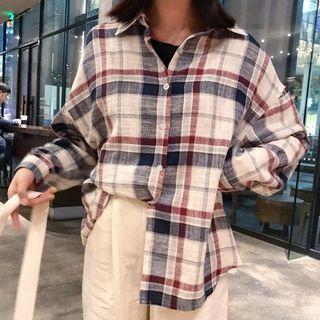 Plaid Shirt / Mock Turtleneck Striped Long-sleeve Top