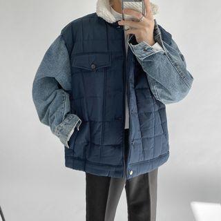 Mock Two Piece Denim Panel Shearling Padded Coat