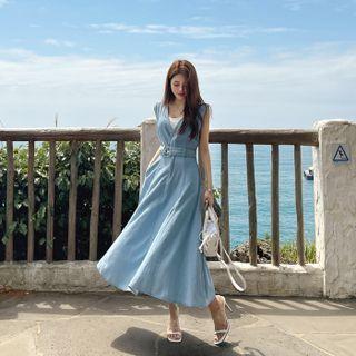 Long Denim Overall Dress With Belt
