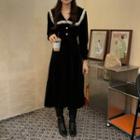 Long Sleeve Lace Trim Velvet Dress Black - One Size