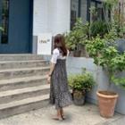 Set: Tie-strap Floral Dress + Puff-shoulder Top Black - One Size