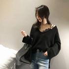 V-neck Raglan-sleeve Oversized Rib-knit Sweater