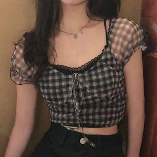 Cap-sleeve Mesh Plaid Top